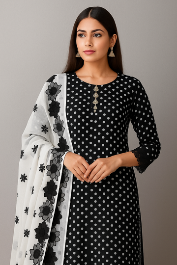 Stuff Lawn Front Back Sleeves Polka Digital Print Shirt And Embroidery Trouser With Chiffon Cut Work Embroidery Dupatta 3PC Dress